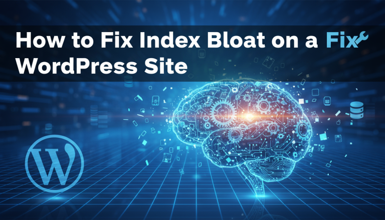 Fix WordPress index bloat: digital brain, database, and WordPress logo.