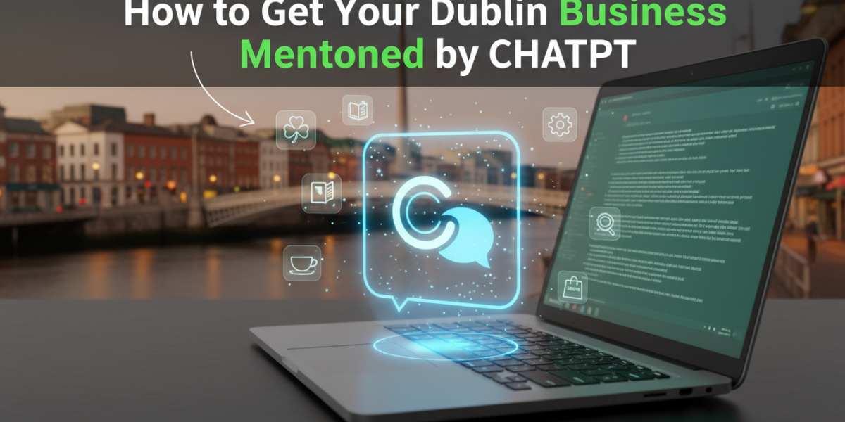 Dublin business promotion via ChatGPT, laptop with city icons.