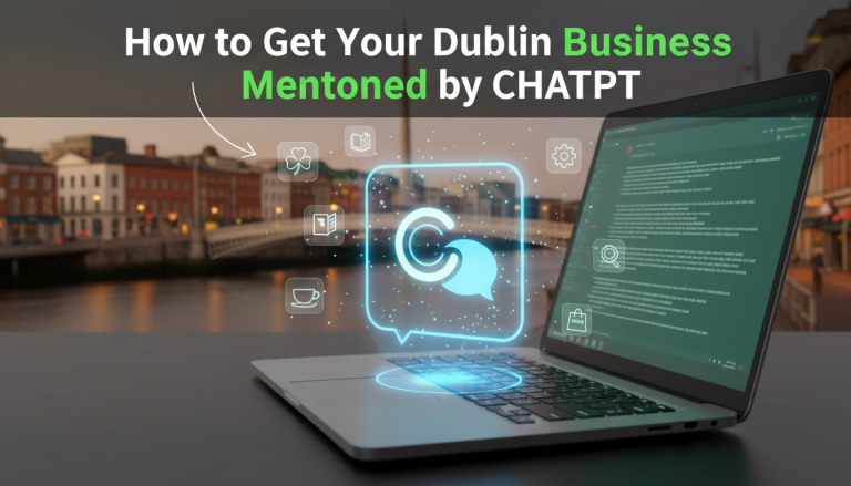 Dublin business promotion via ChatGPT, laptop with city icons.