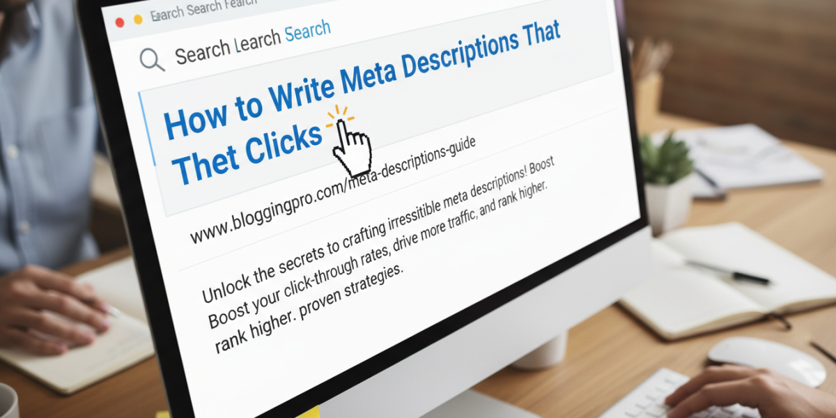 Computer screen displays 'How to Write Meta Descriptions That Get Clicks'.