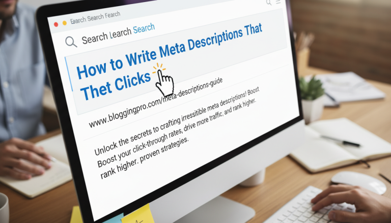 Computer screen displays 'How to Write Meta Descriptions That Get Clicks'.