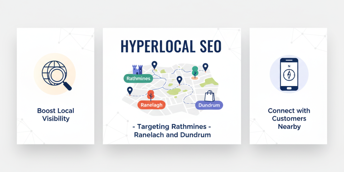 Hyperlocal SEO graphic targeting Rathmines, Ranelagh, and Dundrum.