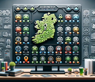 Shamrock map of Ireland on digital business interface, desktop setup.