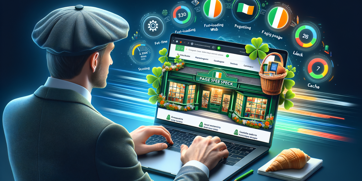 Man optimising Irish-themed website performance on a laptop.