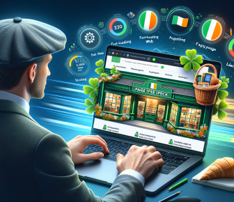 Man optimising Irish-themed website performance on a laptop.