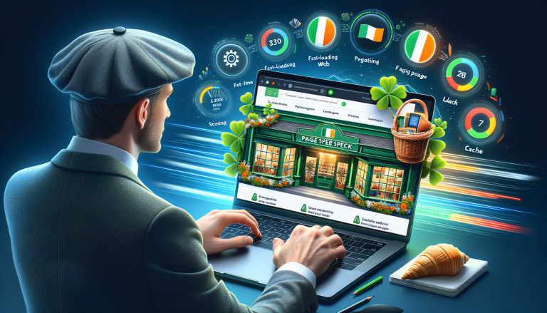 Man optimising Irish-themed website performance on a laptop.