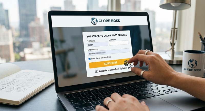 Laptop screen showing a Globe Boss newsletter subscription form.