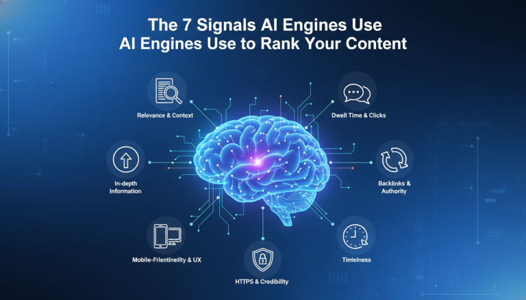 7 signals AI engines use to rank content infographic.