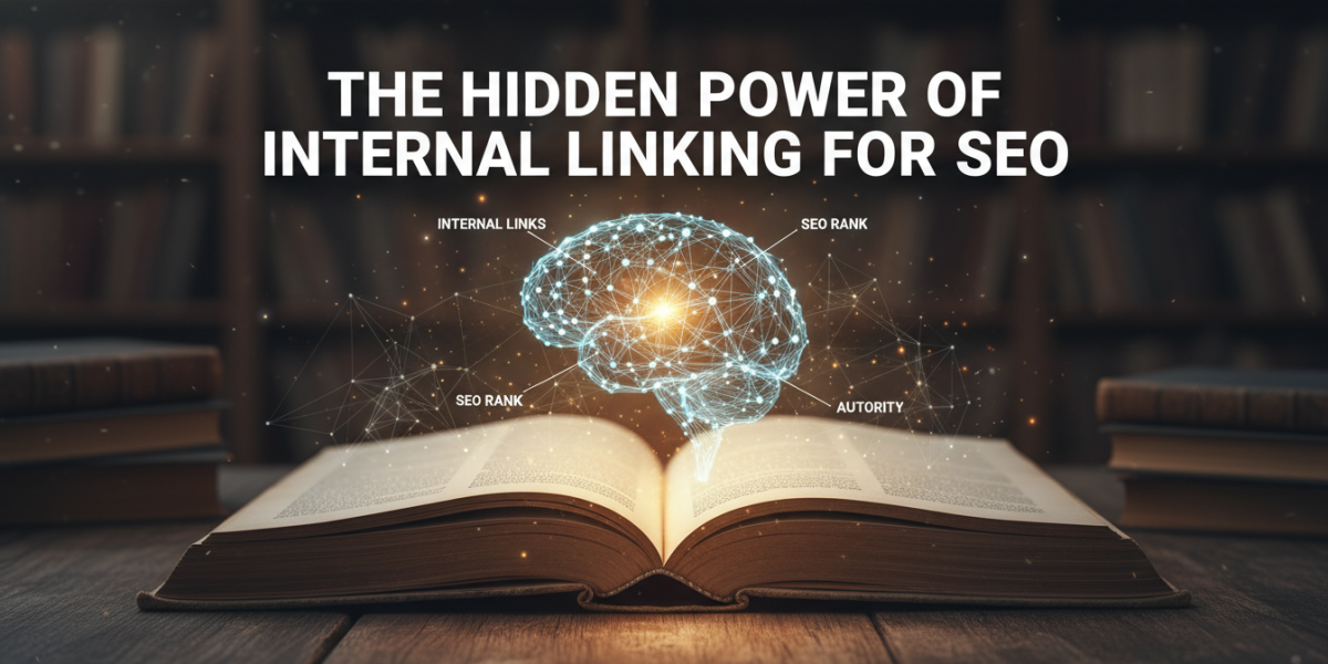 Open book with glowing brain illustrating internal linking for SEO.