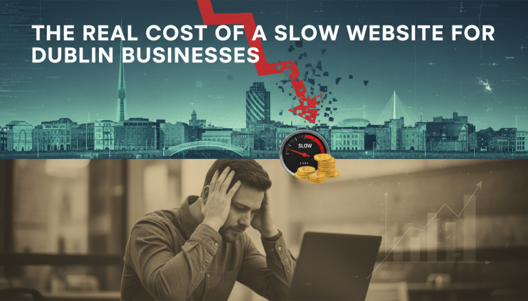 Dublin businesses facing financial loss from slow websites, man stressed.
