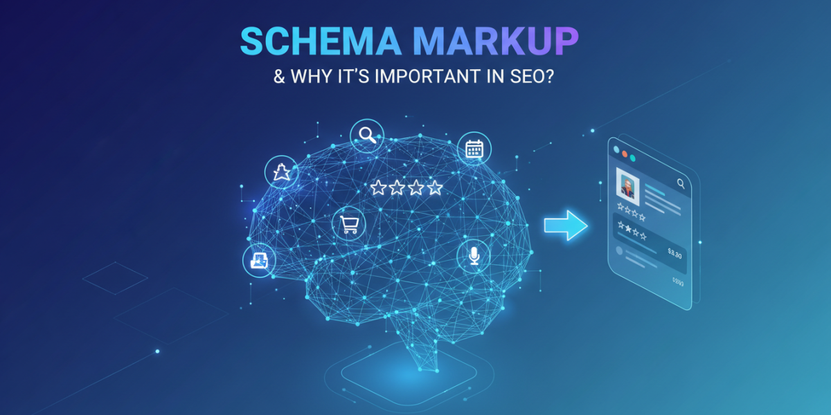 Schema Markup importance in SEO with a digital brain illustration.