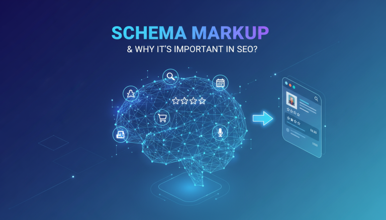 Schema Markup importance in SEO with a digital brain illustration.