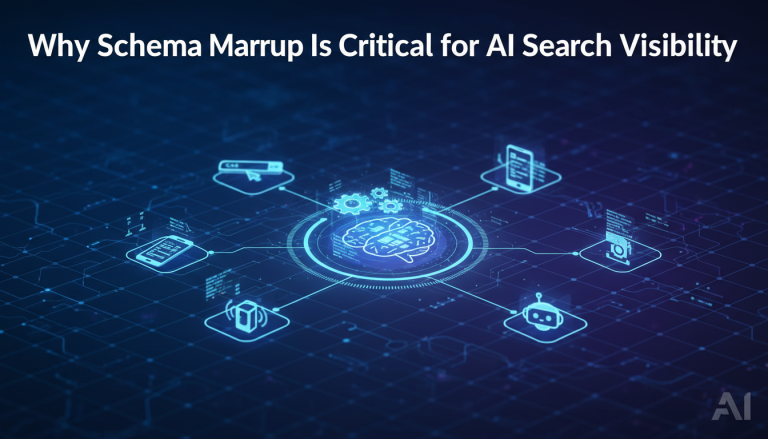 Digital brain connected to devices, schema markup for AI search visibility.