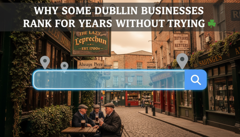 Dublin street scene, businesses ranking without trying, search bar.