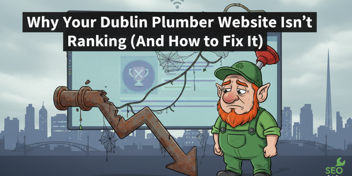 Sad leprechaun plumber, Dublin website ranking decline.
