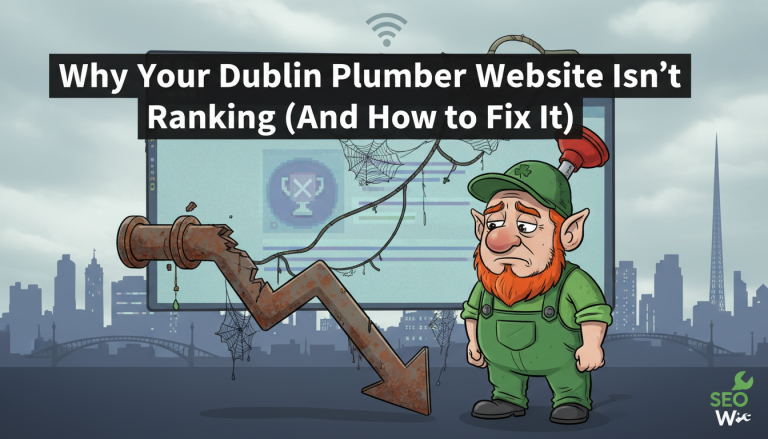 Sad leprechaun plumber, Dublin website ranking decline.