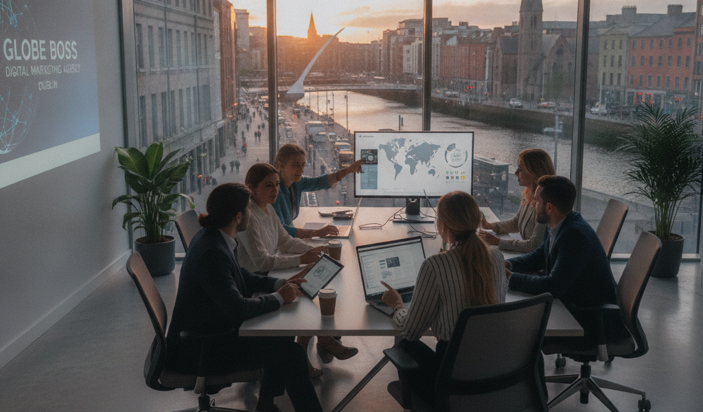 Team meeting in Dublin office with city river view at sunset