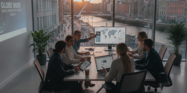 Team meeting in Dublin office with city river view at sunset