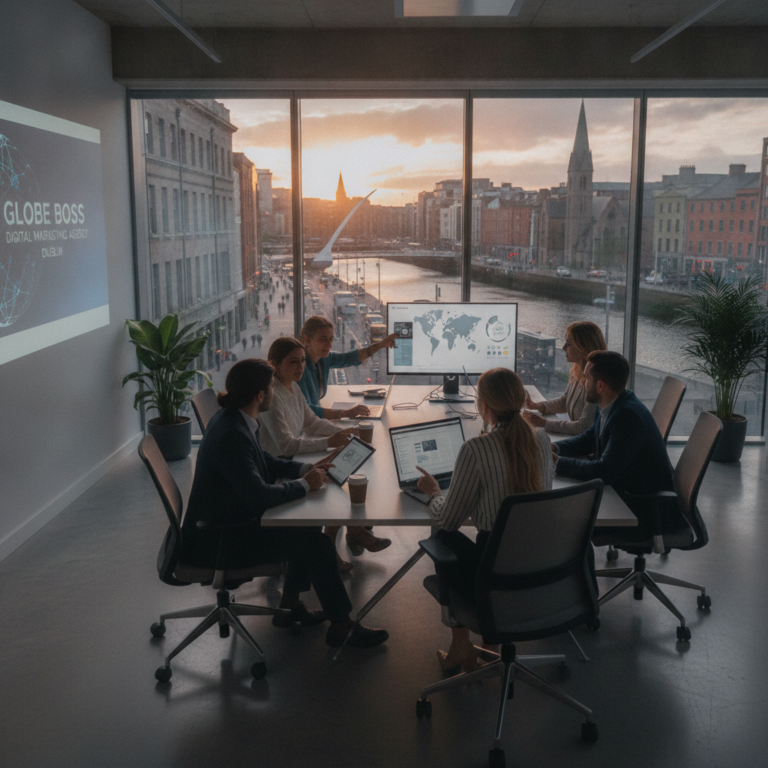 Team meeting in Dublin office with city river view at sunset