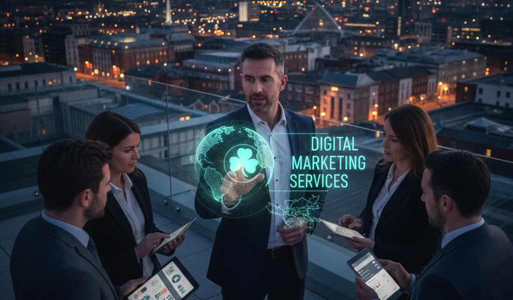 Globe Boss Dublin digital marketing team on rooftop at dusk