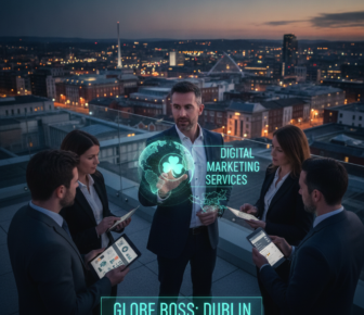 Globe Boss Dublin digital marketing team on rooftop at dusk