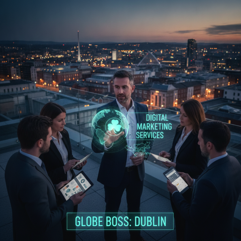 Globe Boss Dublin digital marketing team on rooftop at dusk