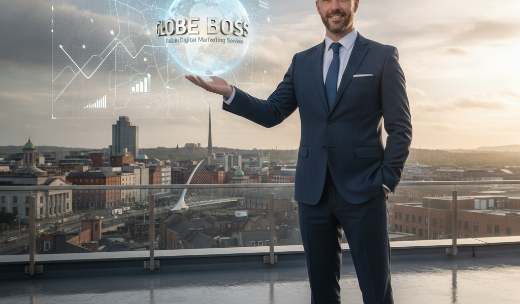 Businessman holding Globe Boss digital marketing hologram over Dublin