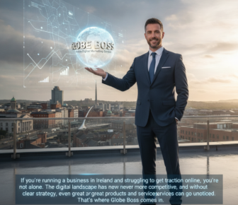 Businessman holding Globe Boss digital marketing hologram over Dublin