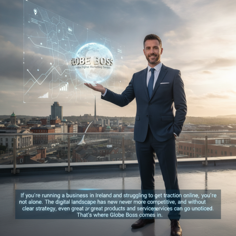 Businessman holding Globe Boss digital marketing hologram over Dublin