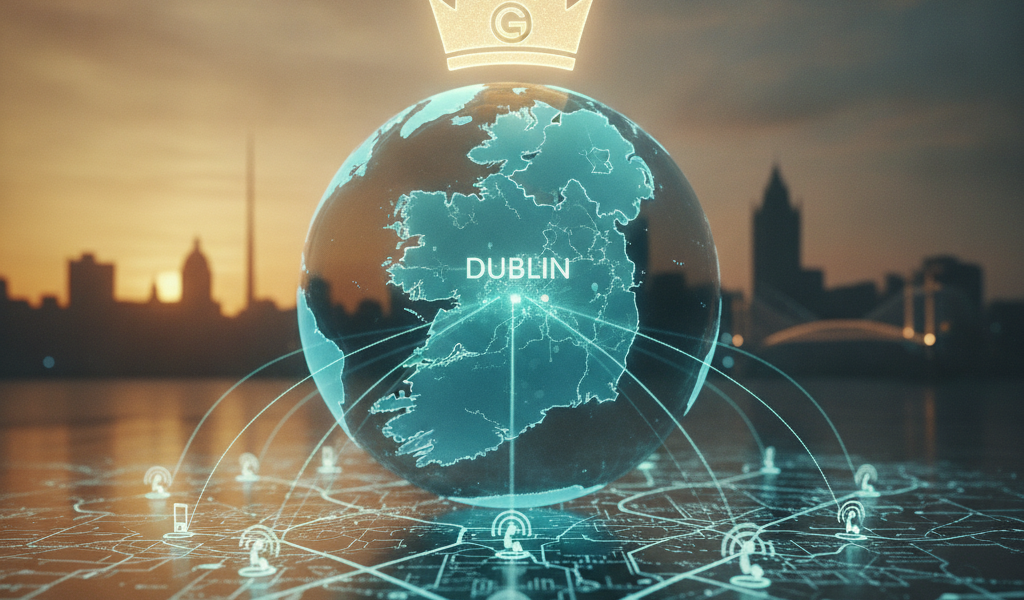 Glowing globe showing Ireland with Dublin crown and network connections