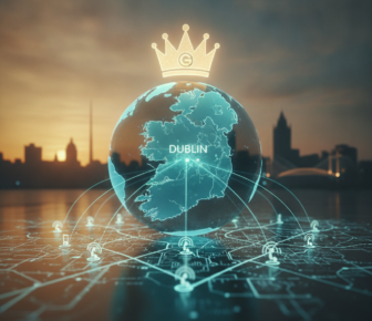 Glowing globe showing Ireland with Dublin crown and network connections