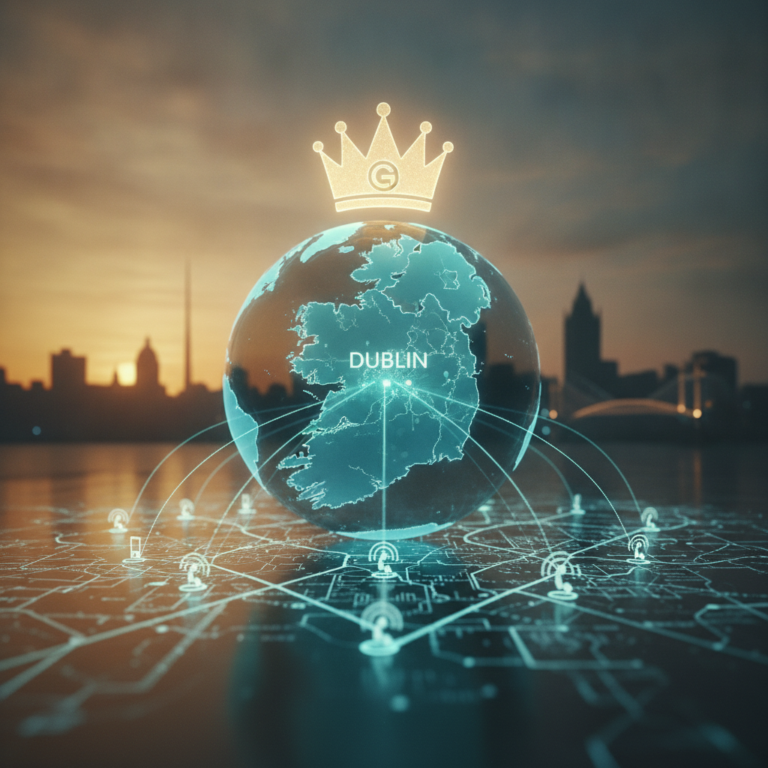 Glowing globe showing Ireland with Dublin crown and network connections