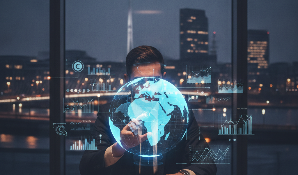 Businessman holding holographic globe with digital marketing analytics