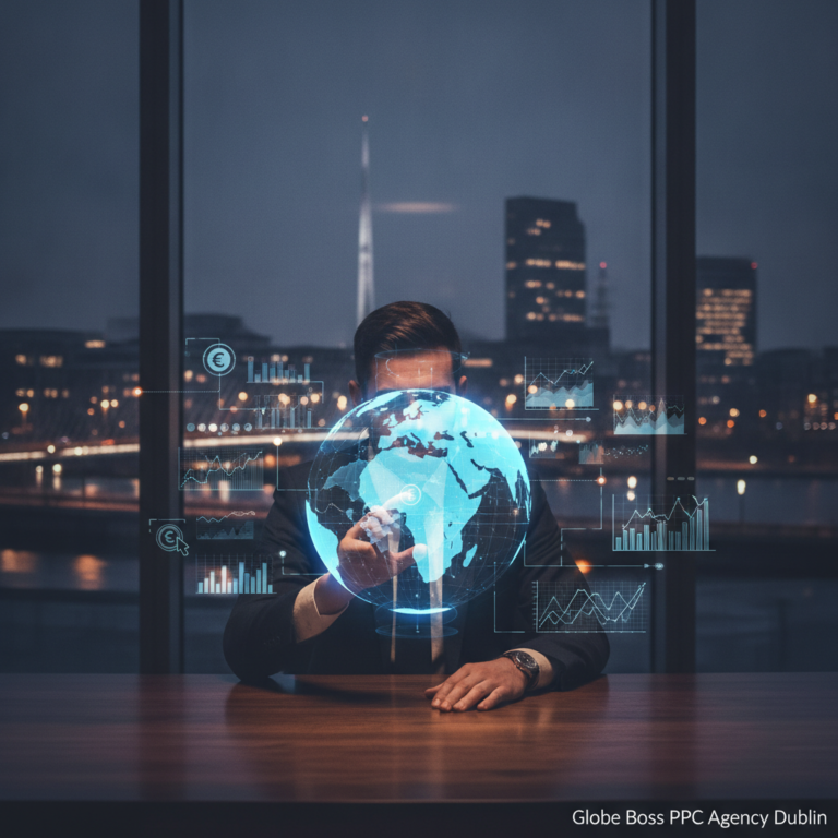 Businessman holding holographic globe with digital marketing analytics