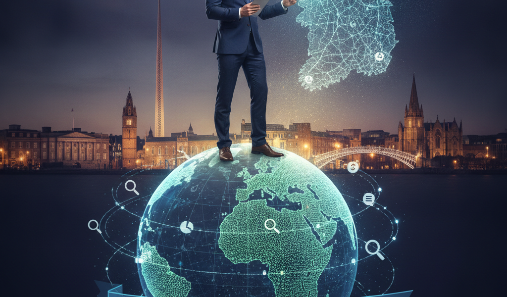 Businessman standing on globe promoting PPC Google Ads Dublin