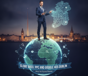 Businessman standing on globe promoting PPC Google Ads Dublin