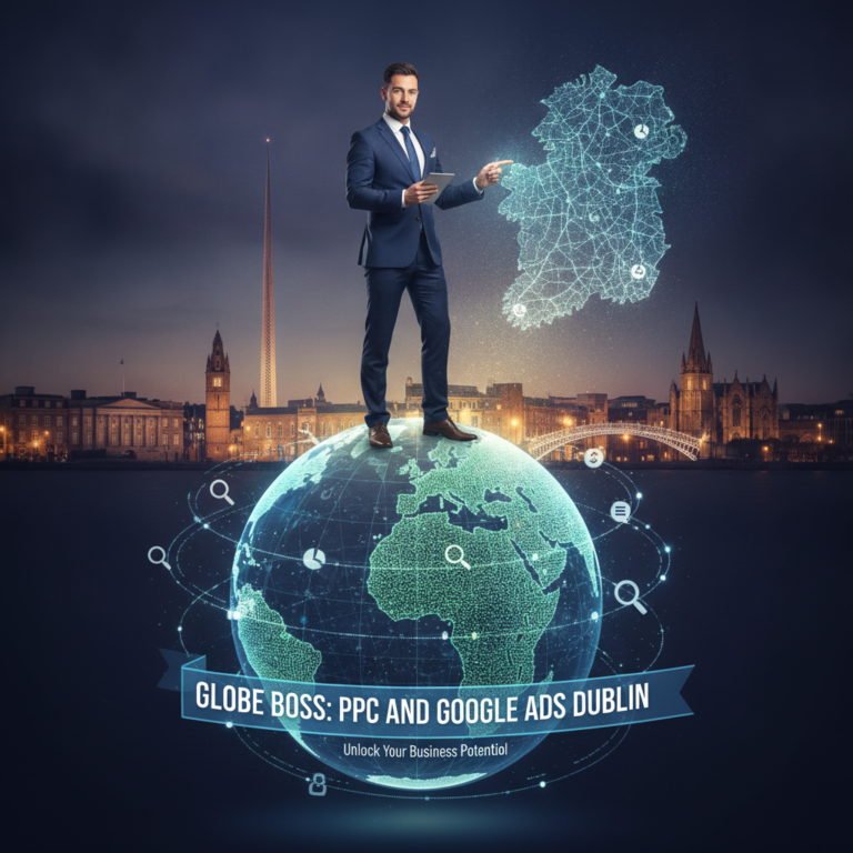 Businessman standing on globe promoting PPC Google Ads Dublin