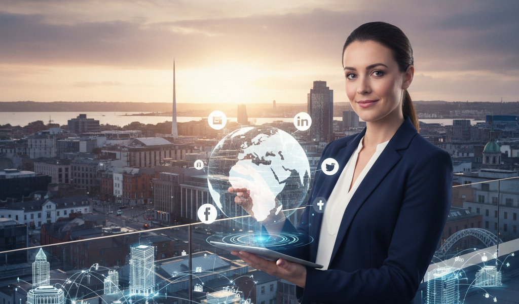 Businesswoman holding tablet with holographic globe and social media icons
