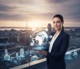 Businesswoman holding tablet with holographic globe and social media icons