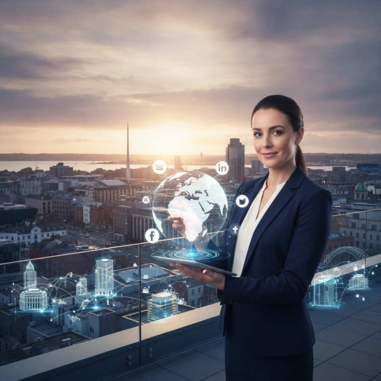 Businesswoman holding tablet with holographic globe and social media icons