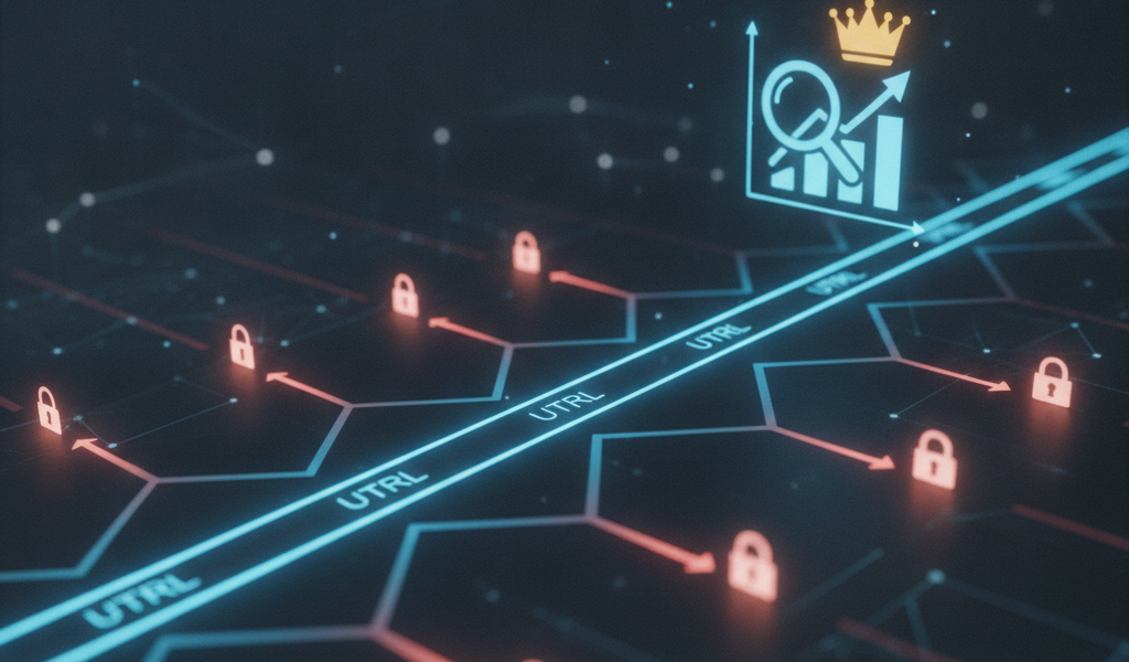 Digital network with URL paths, padlocks, and SEO growth chart