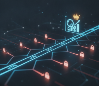 Digital network with URL paths, padlocks, and SEO growth chart