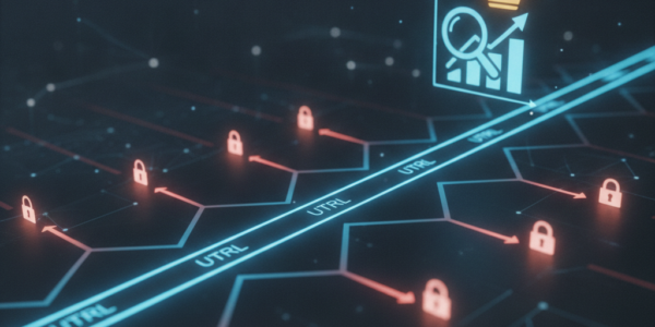Digital network with URL paths, padlocks, and SEO growth chart