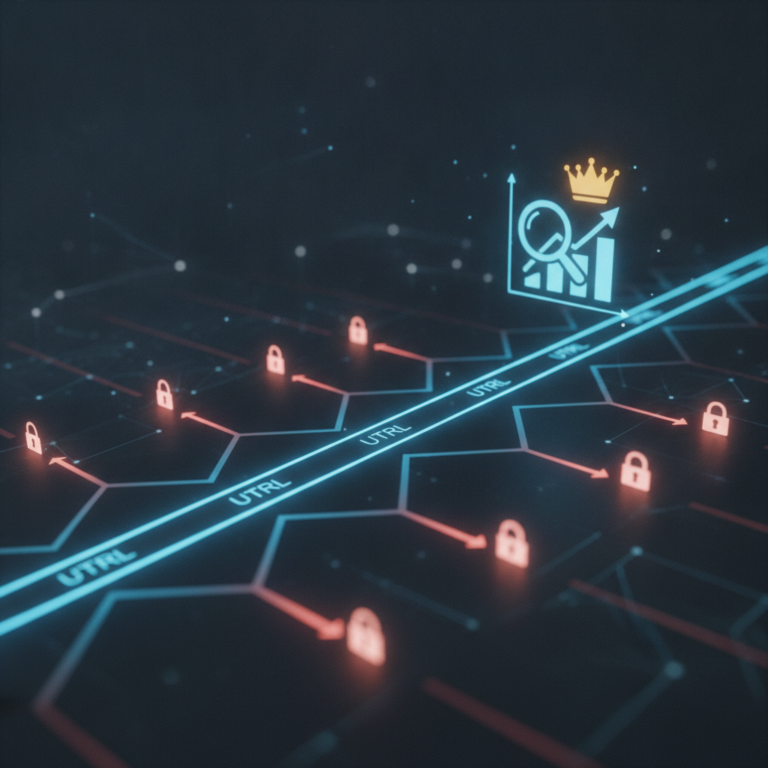Digital network with URL paths, padlocks, and SEO growth chart