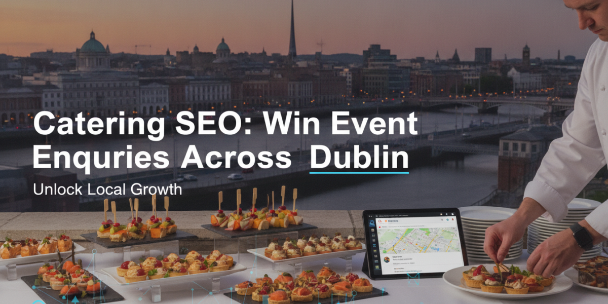 Dublin catering SEO chef arranging canapes with city skyline