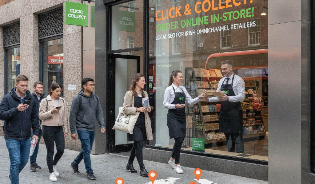 Click and Collect store front with shoppers and Irish map