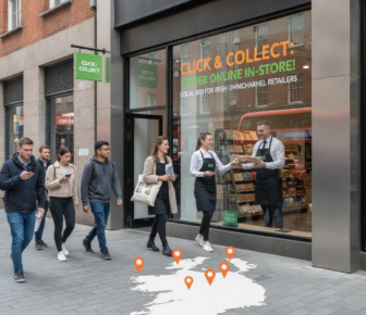 Click and Collect store front with shoppers and Irish map