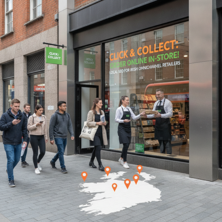 Click and Collect store front with shoppers and Irish map