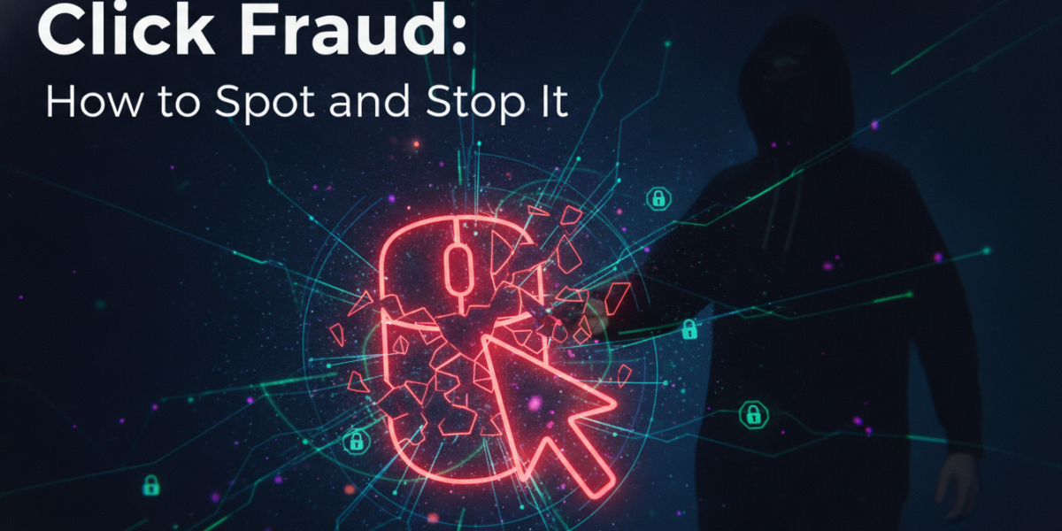 Click fraud guide with hacker and glowing digital cursor