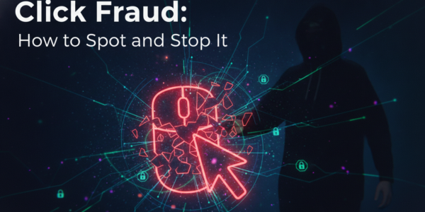Click fraud guide with hacker and glowing digital cursor